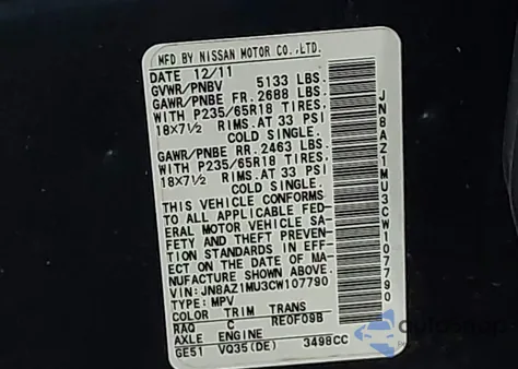 2012 Nissan Murano S из США, поврежденный, VIN JN8AZ1MU3CW107790